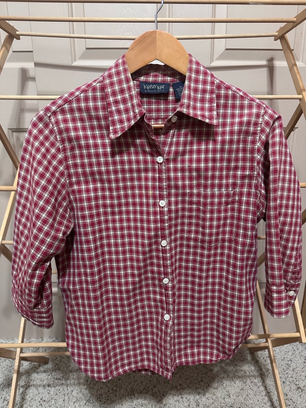 Women’s Vintage Red Plaid Button-Up Shirt 100% Cotton